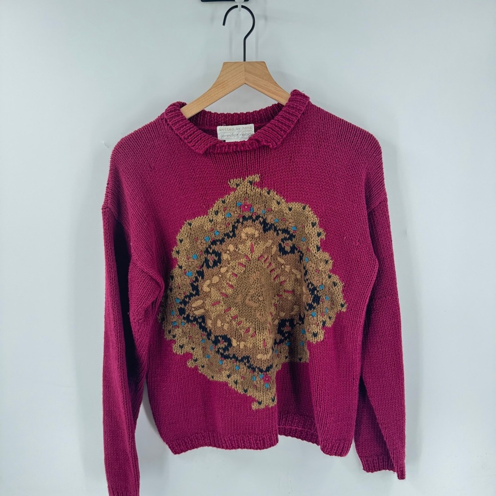 Jennifer Reed Hand-Knit Ramie Cotton Sweater Small Magenta Medallion Boho Art